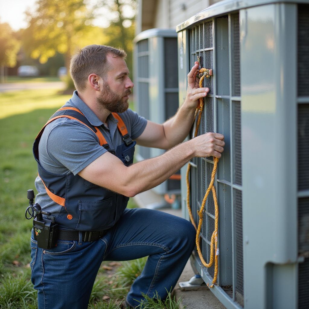 HVAC technician kneeling, inspecting air conditioner unit outside. Grey shirt, blue jeans, orange accents, daytime.