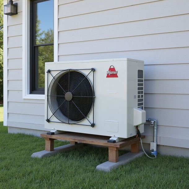 Heat pump unit outside a house on a wooden stand; green grass.