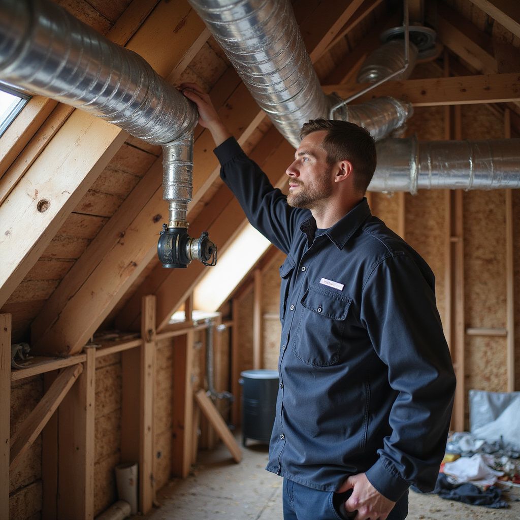 HVAC technician inspecting ductwork in an attic. He wears a blue uniform and looks at the pipes.