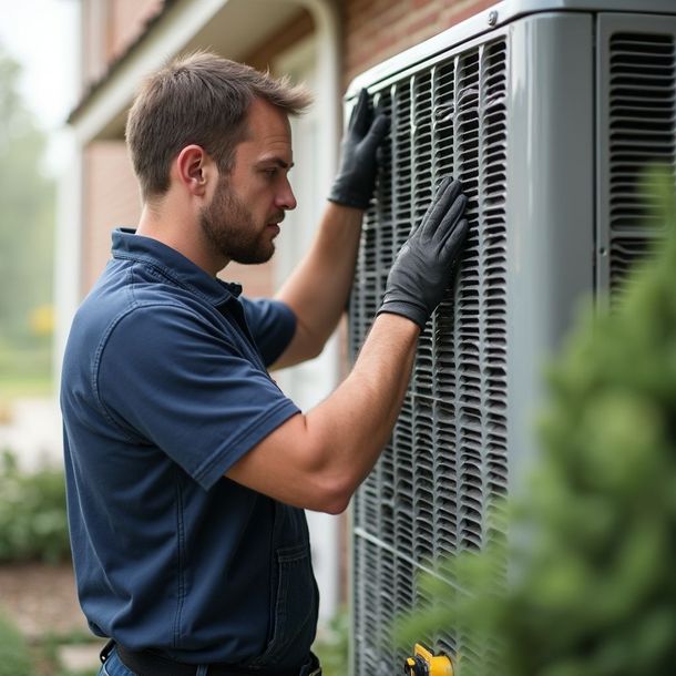 HVAC technician inspecting an air conditioner, wearing gloves, outside a brick house.