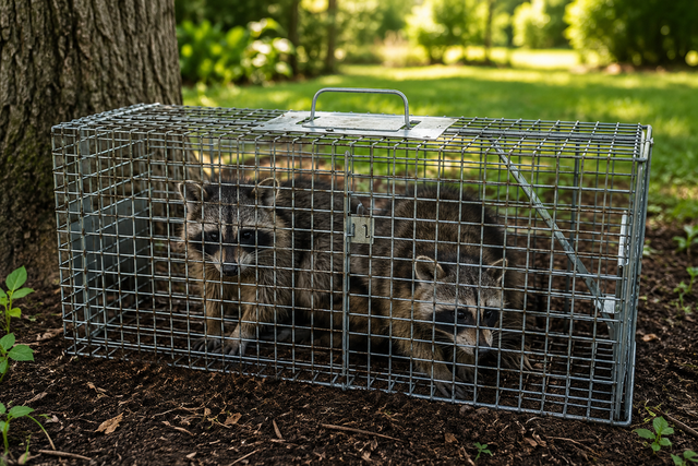Two raccoons trapped in a wire cage near a tree in a wooded area