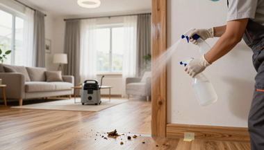 A person sprays cleaner on a hardwood floor near spilled debris in a bright living room.