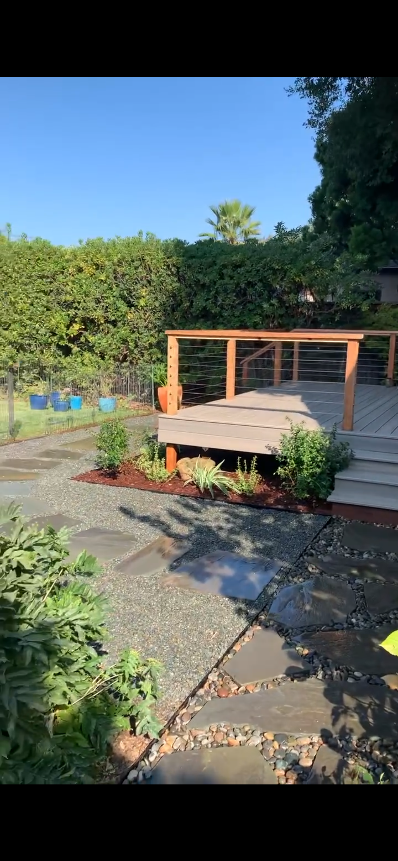 A backyard with a wooden deck, a stone pathway, and lush greenery under a clear blue sky.