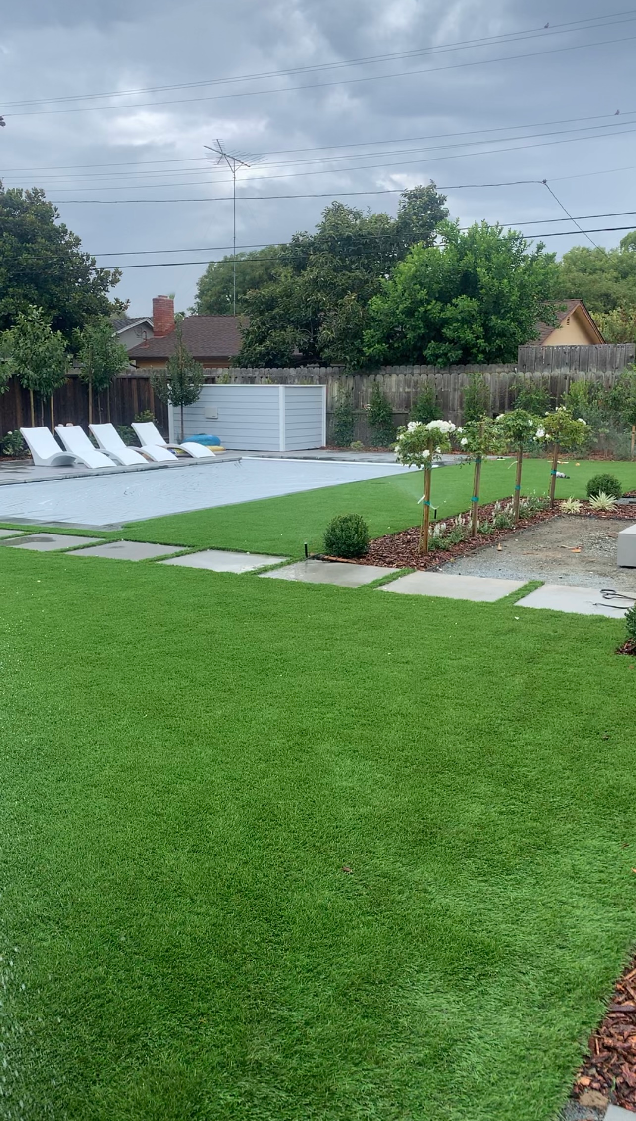Green lawn, pool, and trees in a backyard under a cloudy sky.