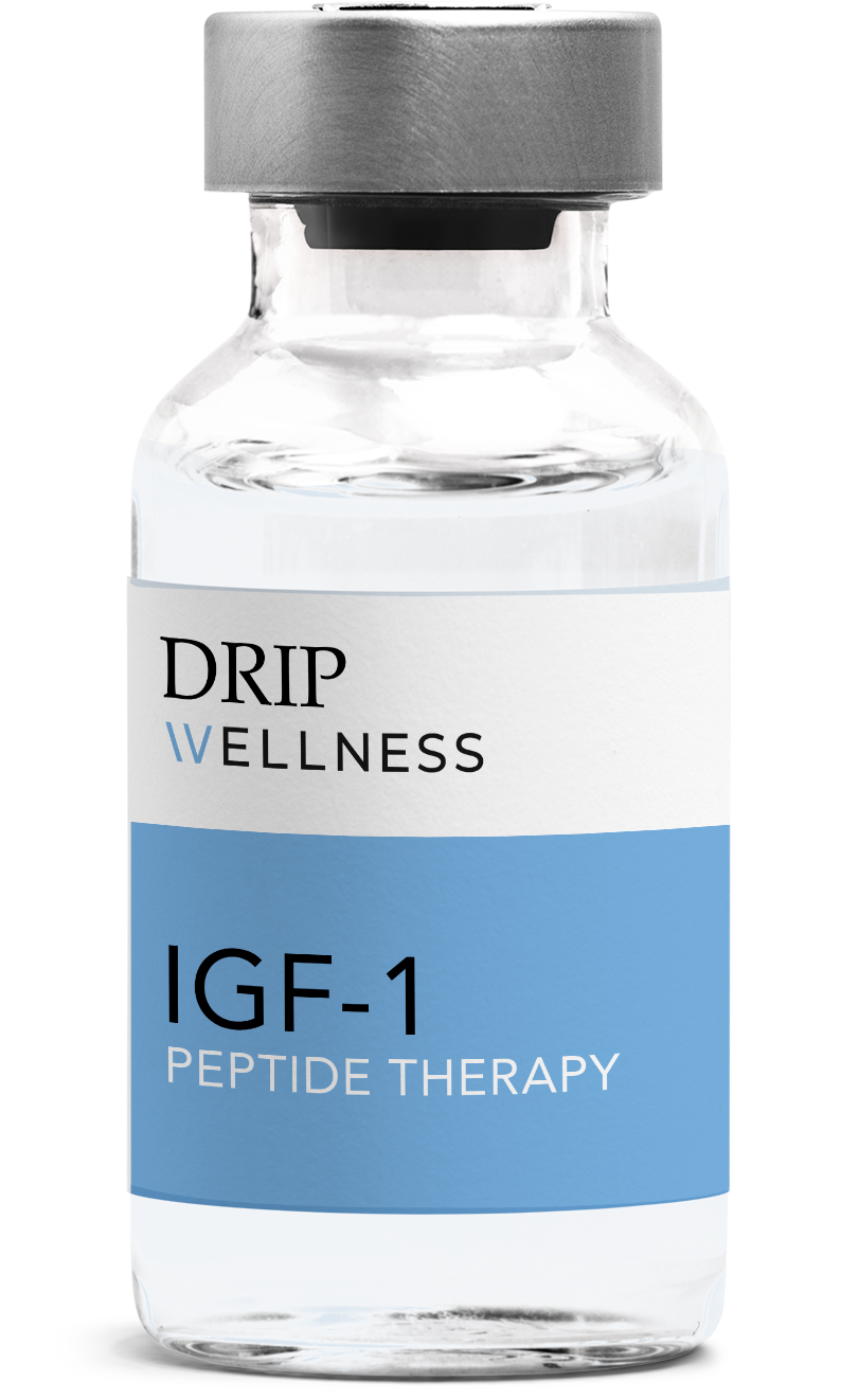 Vial of DRIP IGF-1 Peptide Therapy. The label has a white background with black text. Miami is scripted.