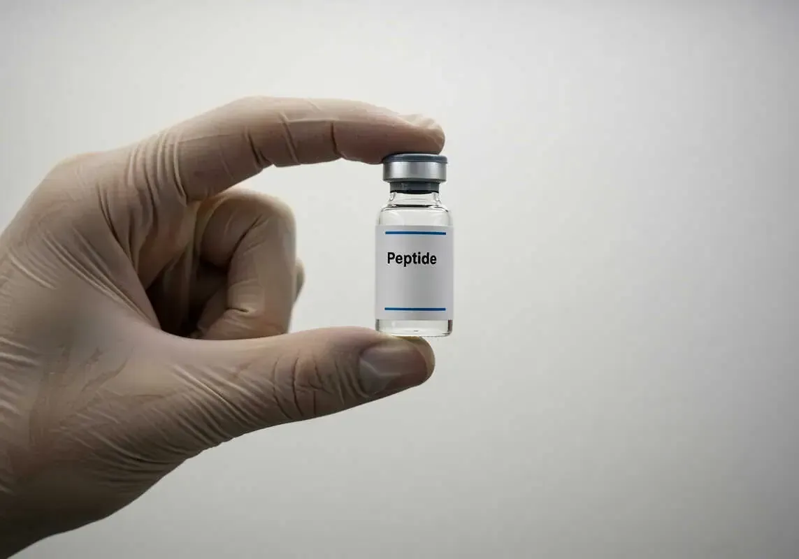 Gloved hand holding a vial labeled