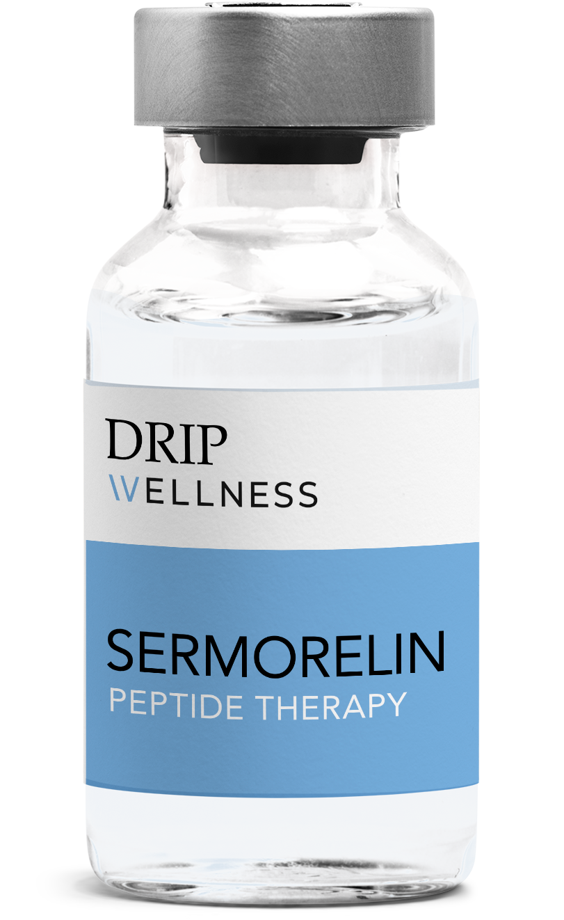 Vial of Drip Miami Sermorelin peptide therapy, brown glass with a white label, silver cap.