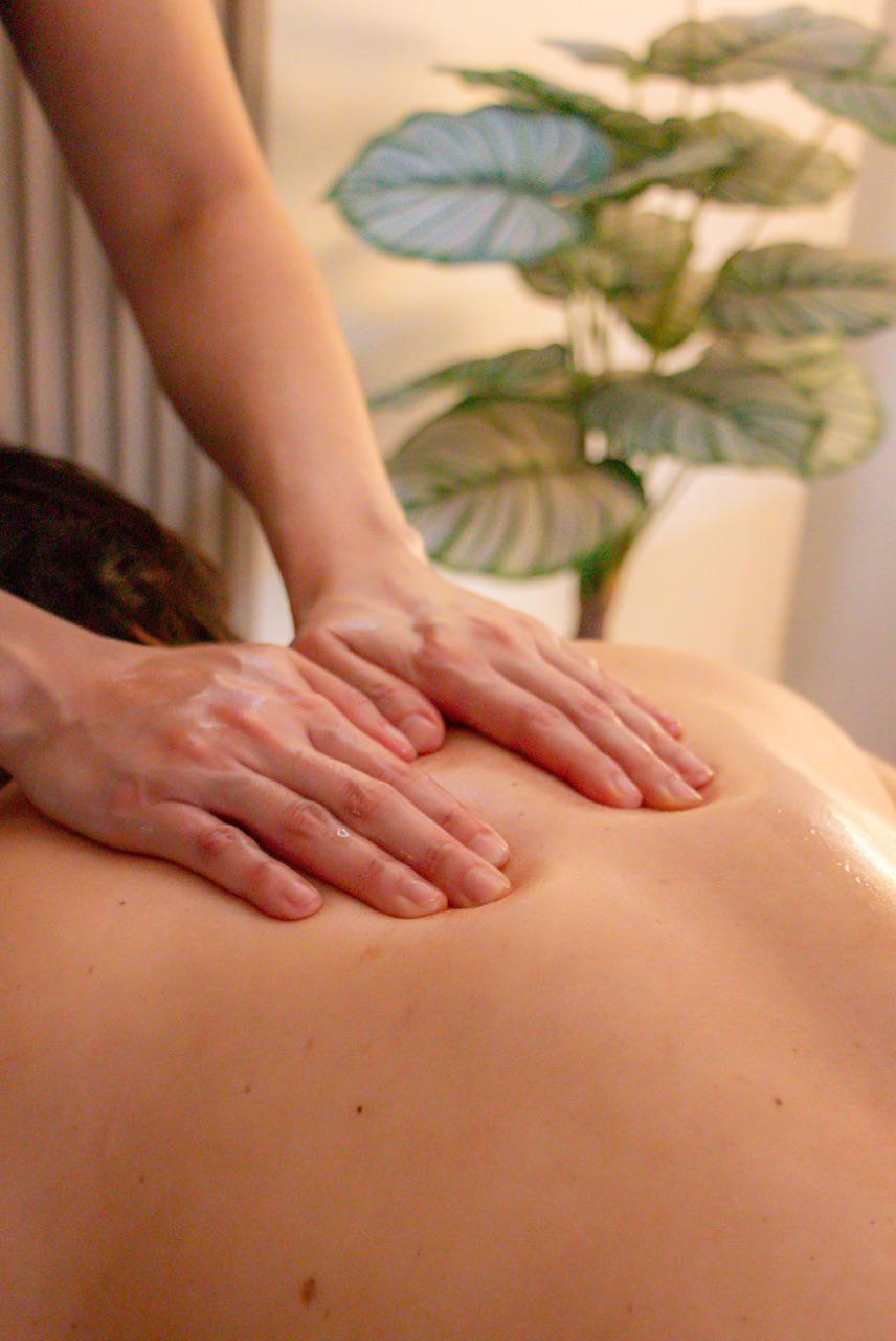 Manos masajeando la espalda de una persona, probablemente durante un masaje. Planta al fondo.