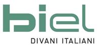 Logo per "biel DIVANI ITALIANI" con la parola "biel" in grandi lettere verde tenue e testo nero più piccolo sottostante.
