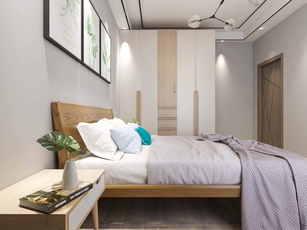 Una camera da letto con un letto, un comodino e un armadio.