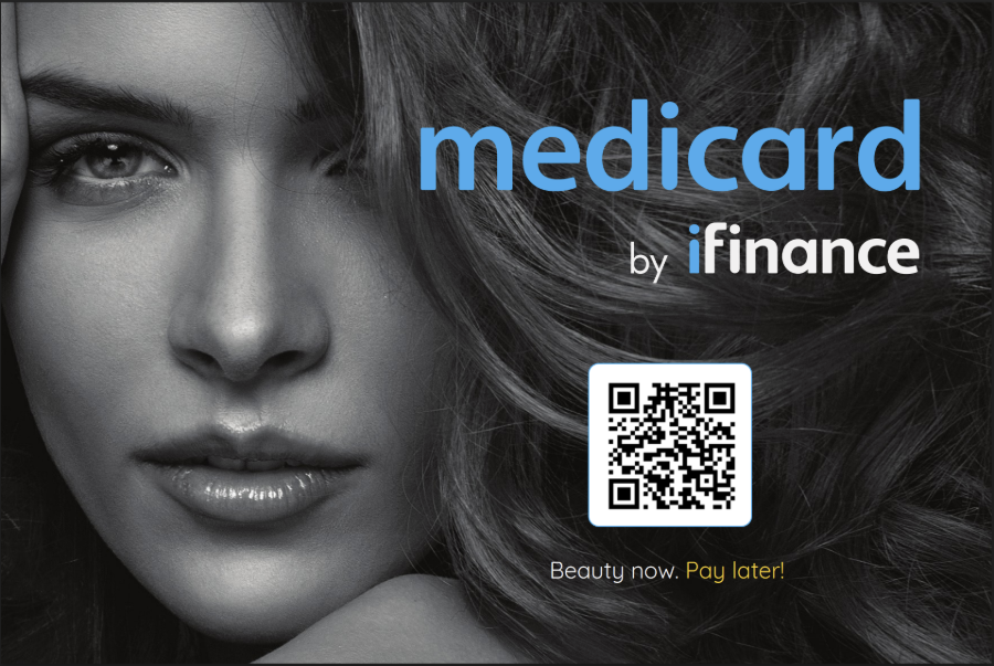 Medicard by iFinance ad with grayscale woman, blue logo, QR code, and “Beauty now. Pay later.”