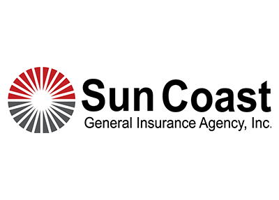 Logo for Sun Coast General Insurance Agency, Inc. featuring a sunburst design in red, gray, and black.