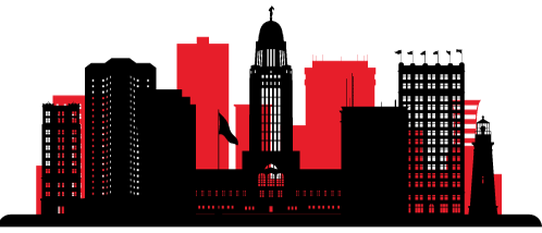 Silhouette of Lincoln, Nebraska skyline. Black buildings with red backgrounds, including the Nebraska State Capitol.