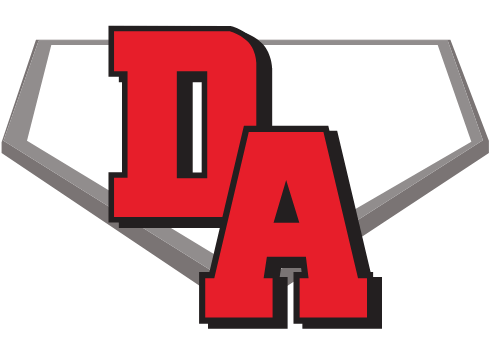 The logo for the da baseball team is a red letter a on a white background.