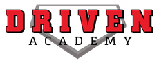 A logo for driven academy with a baseball diamond in the background.