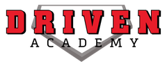 A logo for driven academy with a baseball diamond in the background.