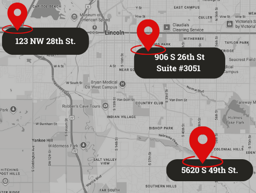 Map of Lincoln, Nebraska with three red location markers: 123 NW 28th St, 906 S 26th St Suite #3051, and 5620 S 49th St.