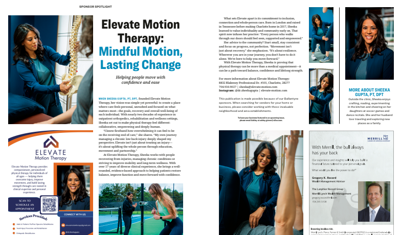 Woman demonstrating therapy, with text