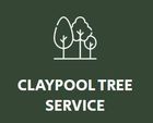 Claypool Tree Service logo with outline of trees on a dark green background.