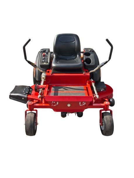 A red lawn mower with a black seat on a white background.