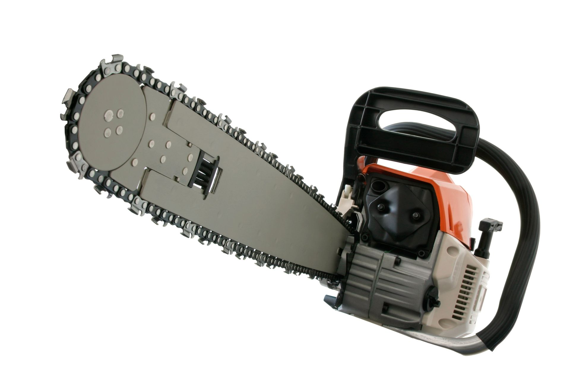 A close up of a chainsaw on a white background