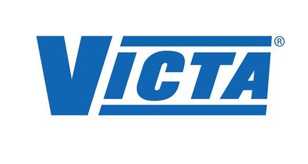 A blue and white logo for victa on a white background