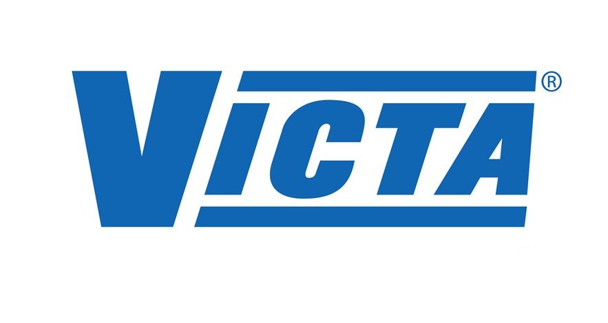 A blue and white logo for victa on a white background
