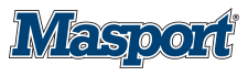 A blue and white masport logo on a white background