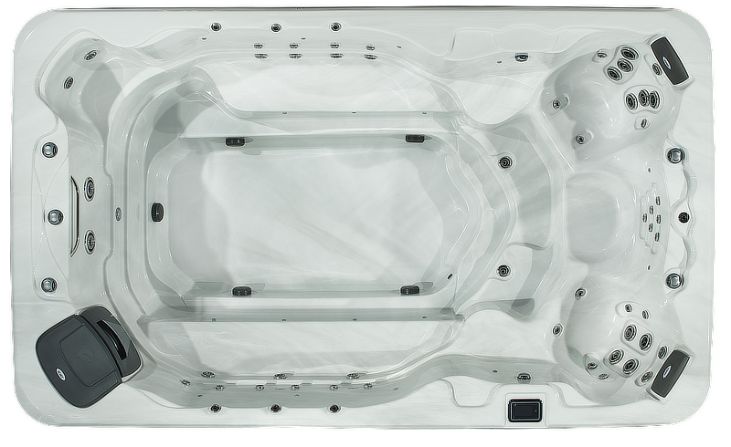 An aerial view of a swim spa on a white background.