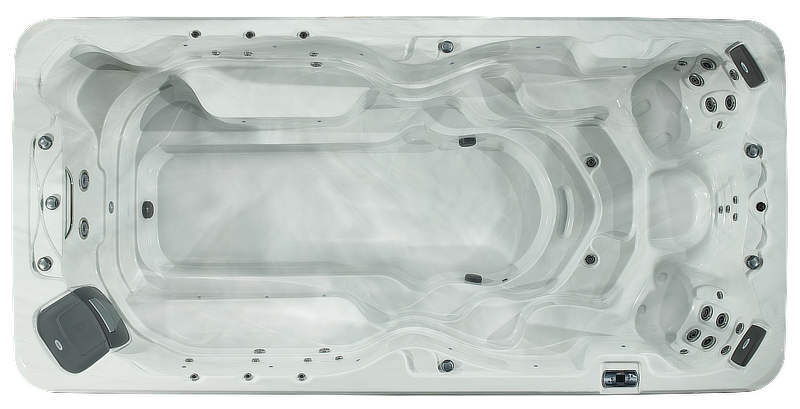 An aerial view of a swim spa on a white background.