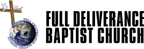 Logo for Full Deliverance Baptist Church showing a wooden cross with a dove over a globe, followed by black text.