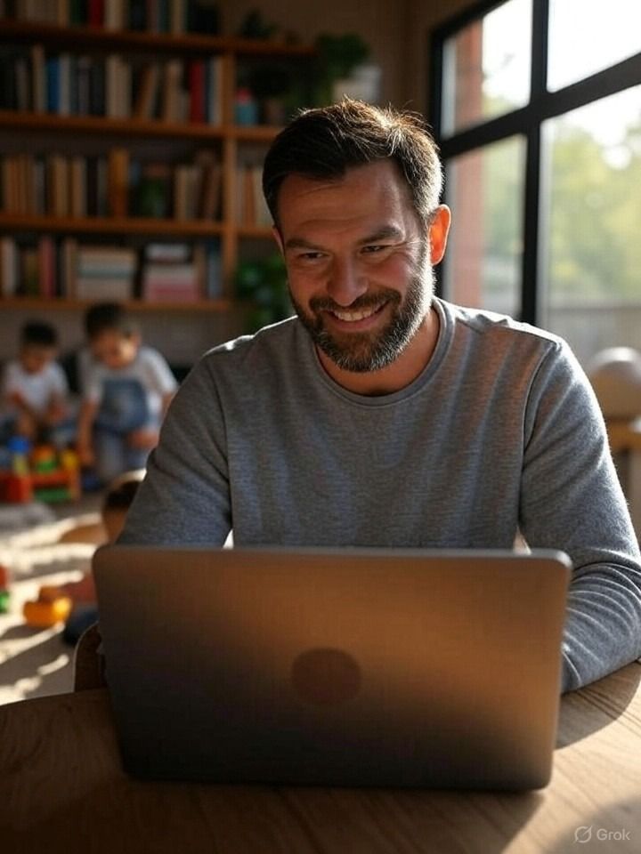Man smiles at laptop; children play in background near bookshelves.