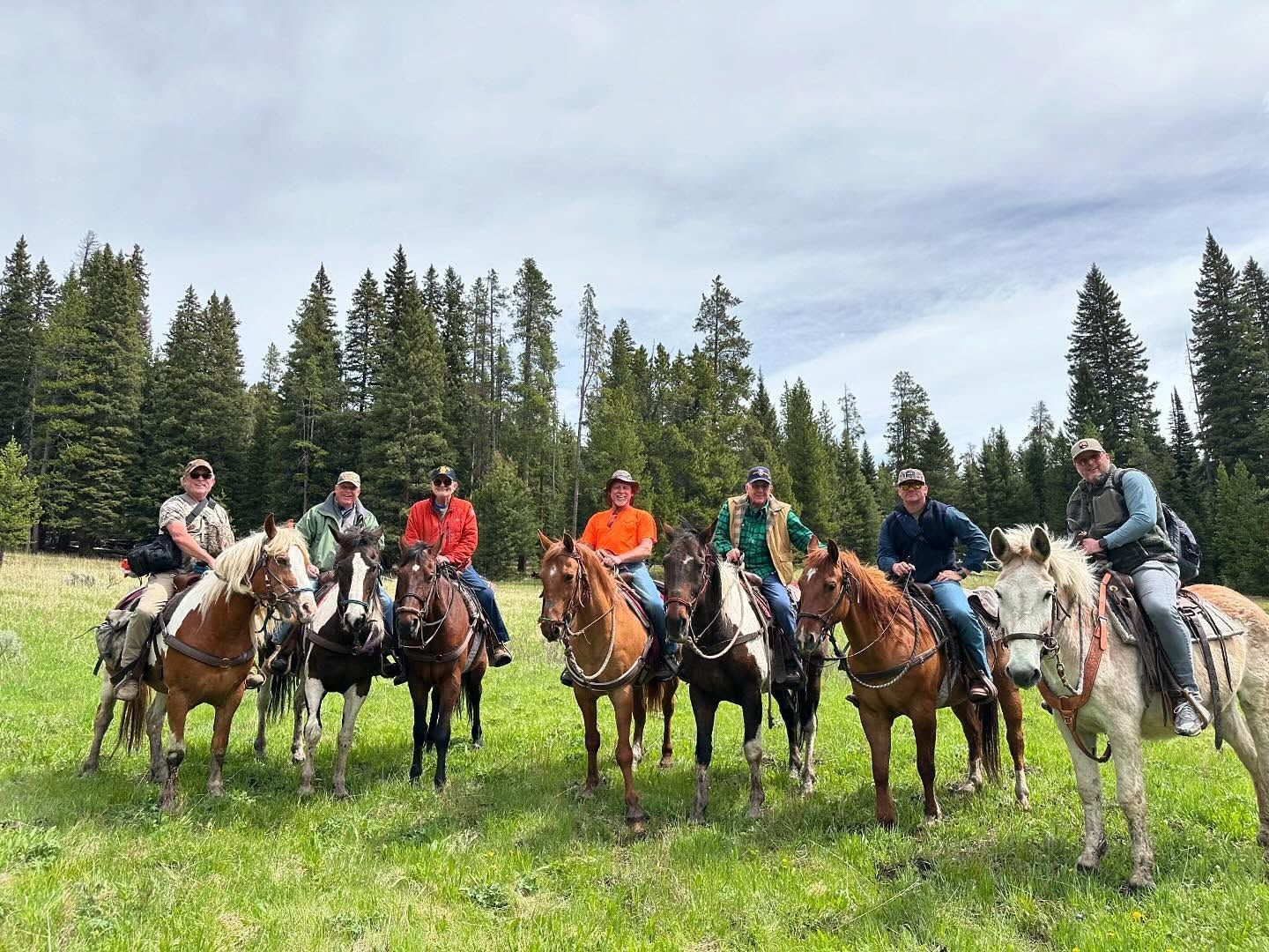 A group of people are riding horses in a field.