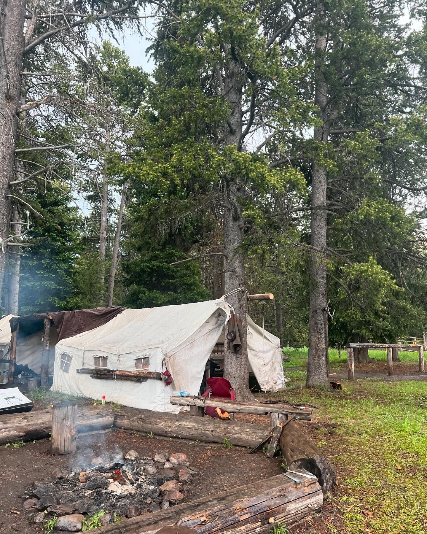 A tent is sitting in the middle of a forest next to a fire pit.