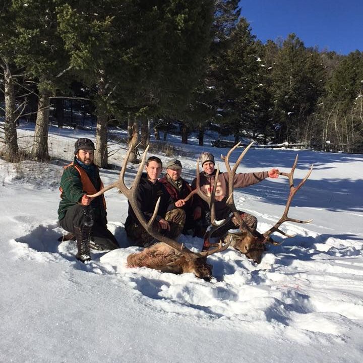 Four men posing with two dead mule deer