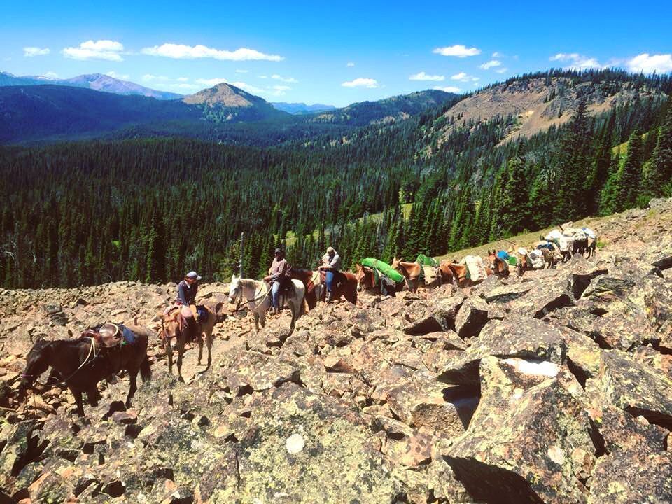A group of people are riding horses on a rocky hillside.