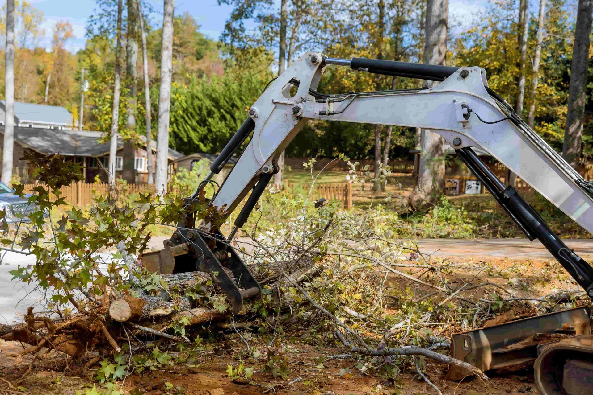 Excavator removing a cut up tree from a yard.