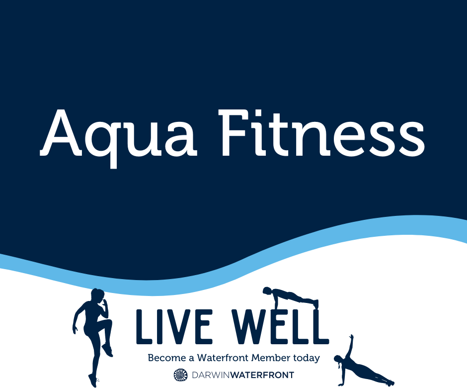 Aqua Fitness text on a blue background, with silhouettes of people exercising in water. 