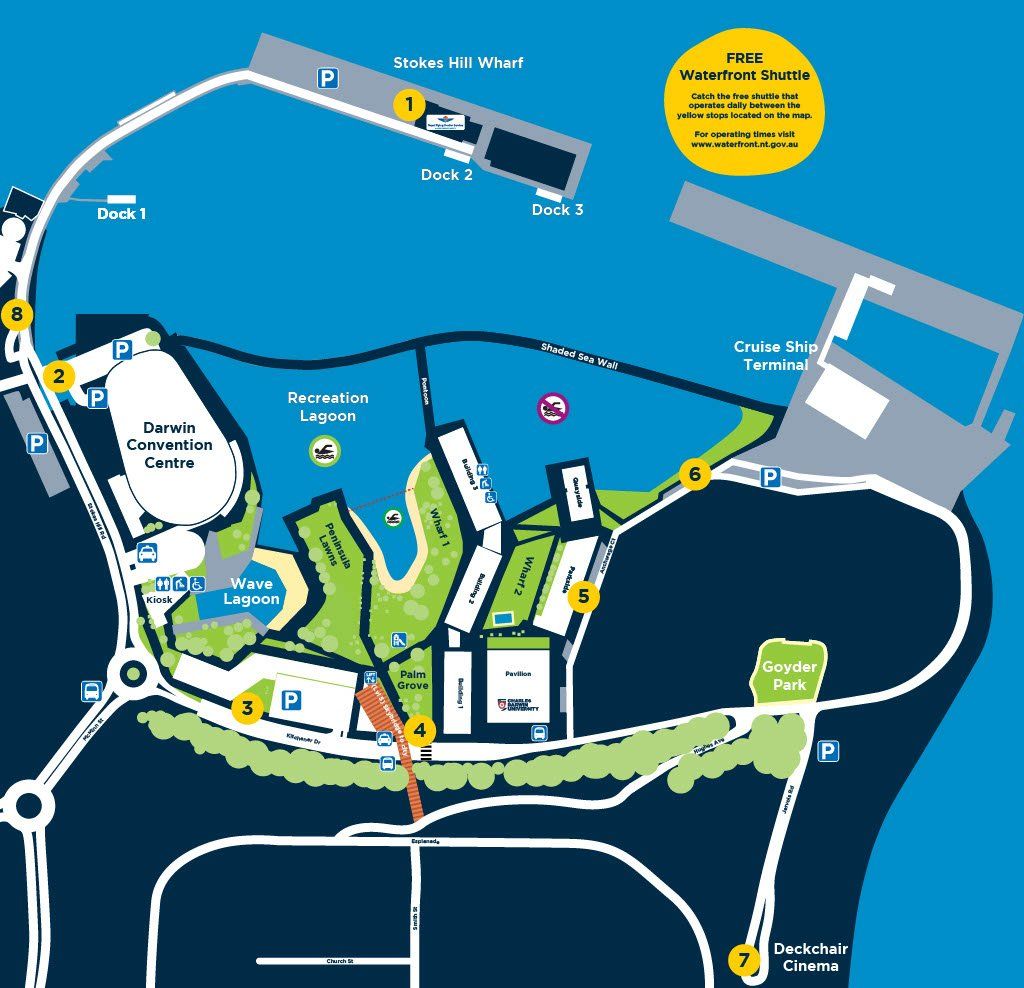 Map of Darwin Waterfront Precinct, showing docks, lagoons, and buildings.
