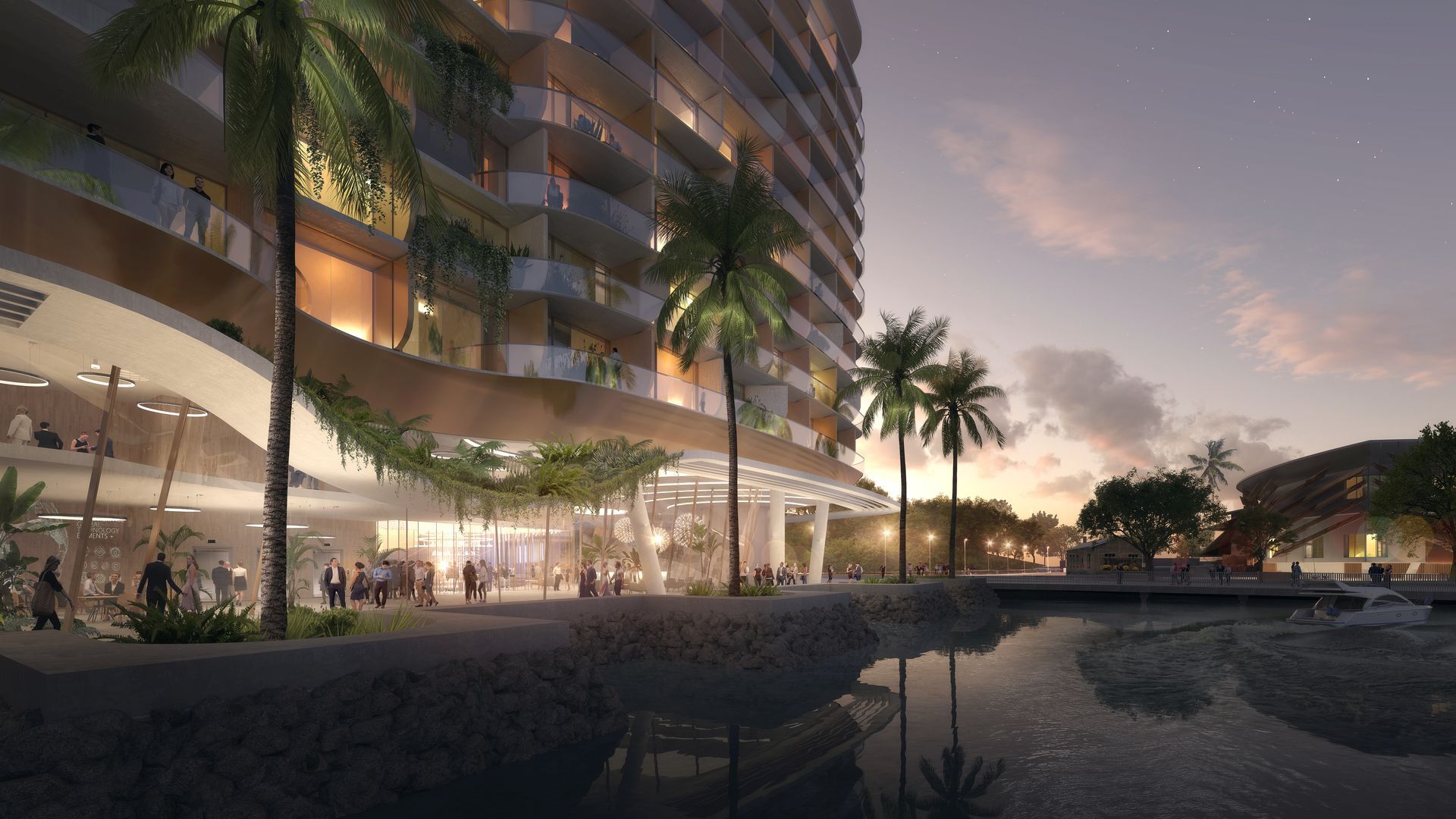 Modern waterfront building at dusk with palm trees, reflecting in the water, people near ground-level shops.