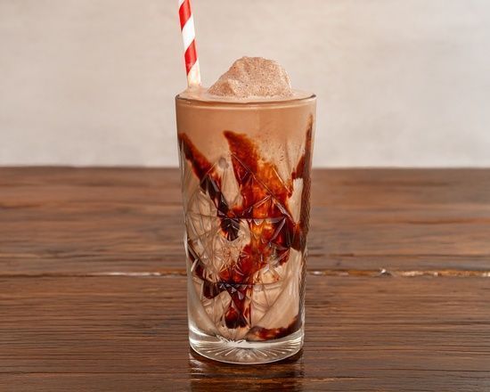 Chocolate milkshake with chocolate drizzle, topped with ice cream, in a glass with a straw on a wooden surface.