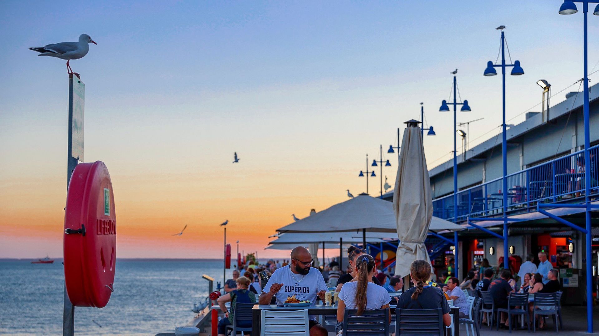 Seagull perched on a post overlooking a waterfront restaurant with people dining at sunset.