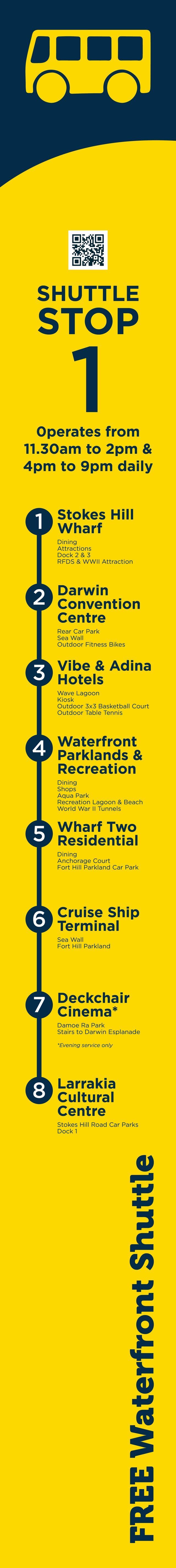 Bus route map with multiple stops labeled with dots. Yellow and blue background.