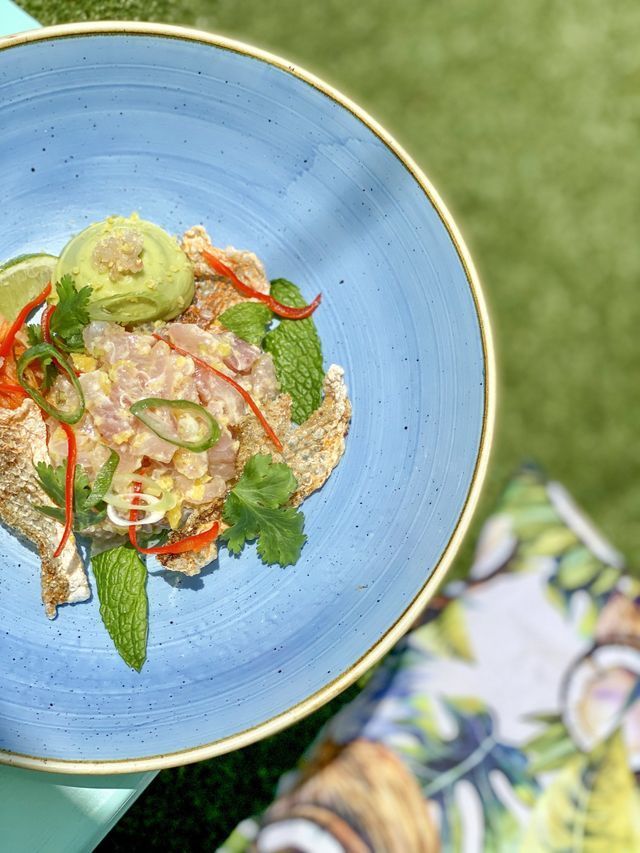 Blue plate with ahi tuna and avocado on a lawn, garnished with mint, cilantro, and chili slices.
