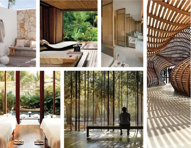 Collage of spa interiors with natural wood, views of lush greenery, and a person sitting.