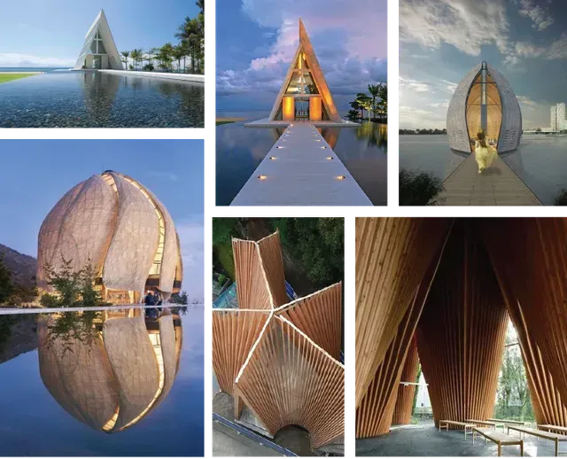 Architectural images: Modern chapels with unique, wooden designs, reflecting in water.