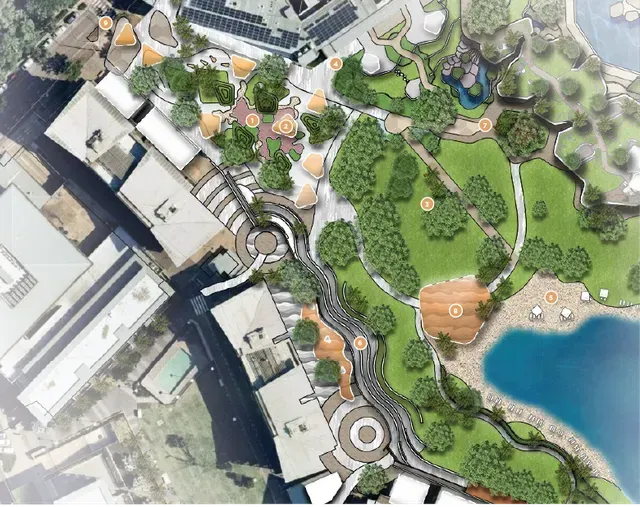 Aerial view of a landscape design featuring buildings, paths, a river, trees, and a lake.