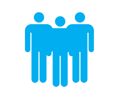 A blue icon of three people standing next to each other on a white background.