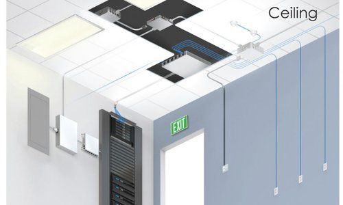 An isometric view of a server room with a ceiling and a door.