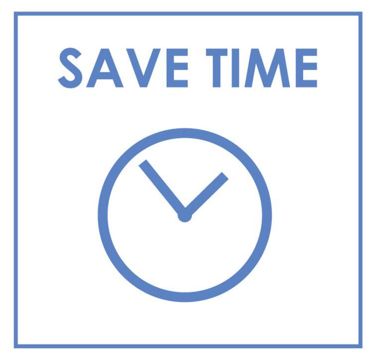 A blue clock with the words `` save time '' below it.